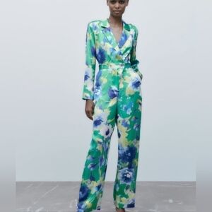 Zara Long Sleeve Green White Floral Jumpsuit New With Tags Size Medium